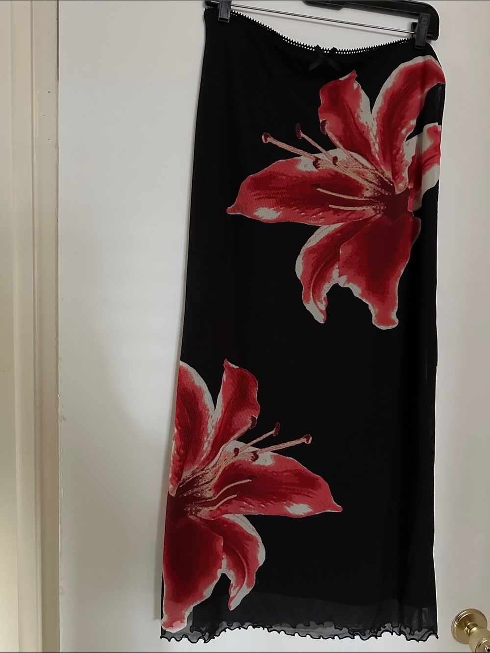 Y2K Black mesh maxi skirt with Red Flowers